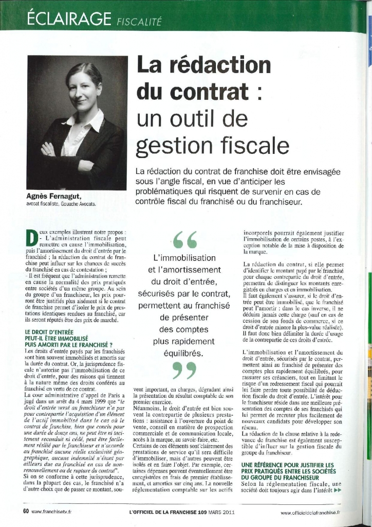 La rédaction du contrat : un outil de gestion fiscale (l'officiel de la franchise, mars 2011)