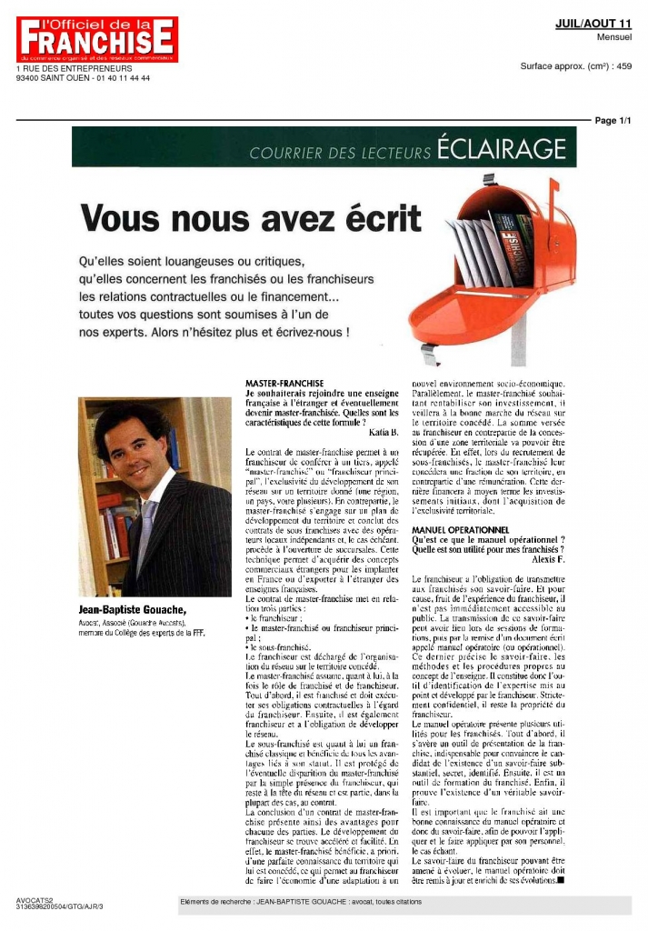 Master Franchise et manuel opérationel (L'officiel de la franchise, juillet août 2011) 